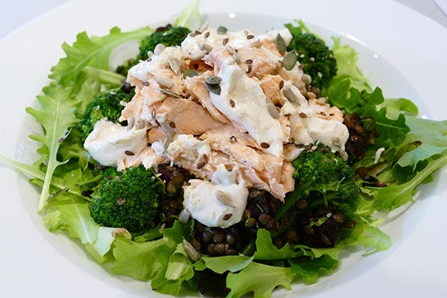 Roast salmon with beetroot and puy lentil salad with tahini dressing