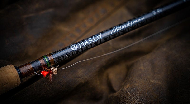 Hardy Marksman Single Handed Fly Rod pictured on a leather background