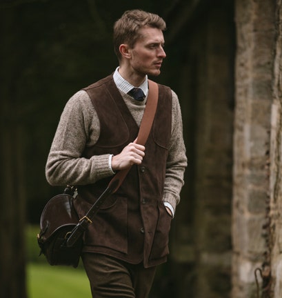 FARLOWS MEN'S SUEDE SHOOTING VEST IN ACTION