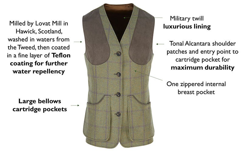 KEY FEATURES OF THE LADIES' TWEED SHOOTING WAISTCOAT FRONT