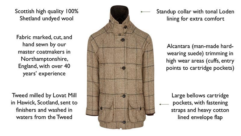 Key Front Features of the Farlows Ladies Lunna Shetland Tweed Fieldcoat