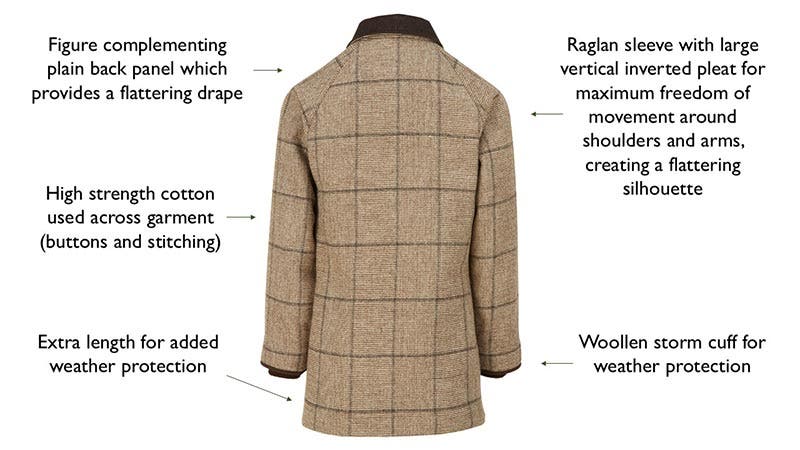Key Rear Features of the Farlows Ladies Lunna Shetland Tweed Fieldcoat