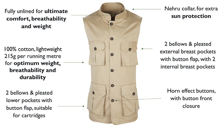 KEY FEATURES OF THE LIGHTWEIGHT COTTON SAFARI WAISTCOAT FRONT