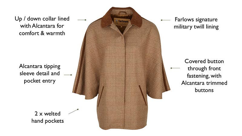 Key Front Features of the Farlows Ladies Tweed Cruz Cape