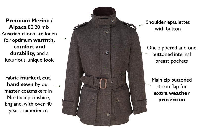 KEY FEATURES OF THE WOMANS BELGRAVE LODEN JACKET FRONT CLOSED