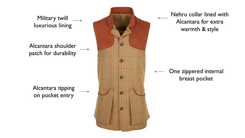 Key Front Features of the Farlows Berwick Tweed Shooting Vest