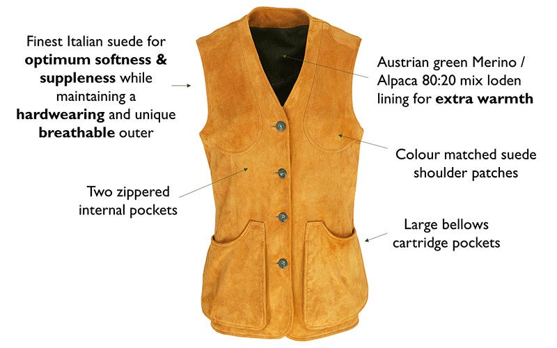 KEY FEATURES OF THE LADIES' SUEDE SHOOTING WAISTCOAT