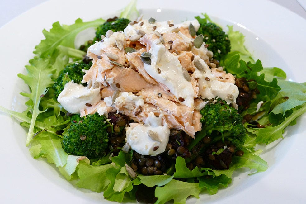 Roast salmon with beetroot and puy lentil salad with tahini dressing