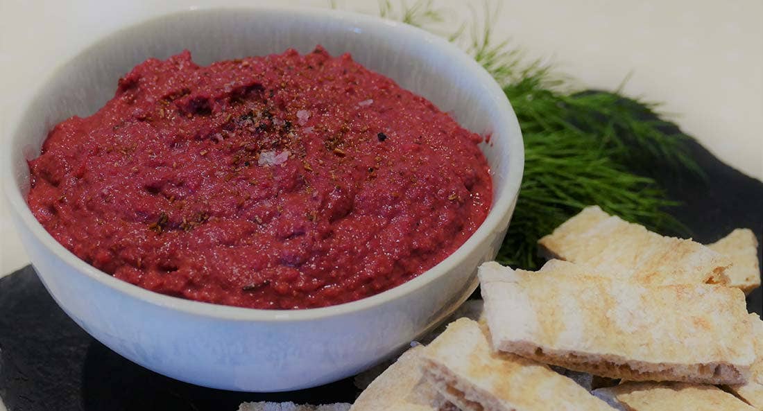 Annie's Christmas beetroot hummus in a bowl Annie's Christmas beetroot hummus in a bowl
