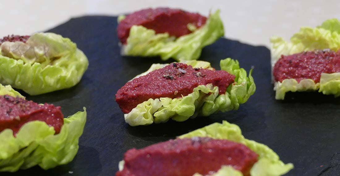 Annie's Christmas beetroot hummus in little gem Annie's Christmas beetroot hummus in little gem