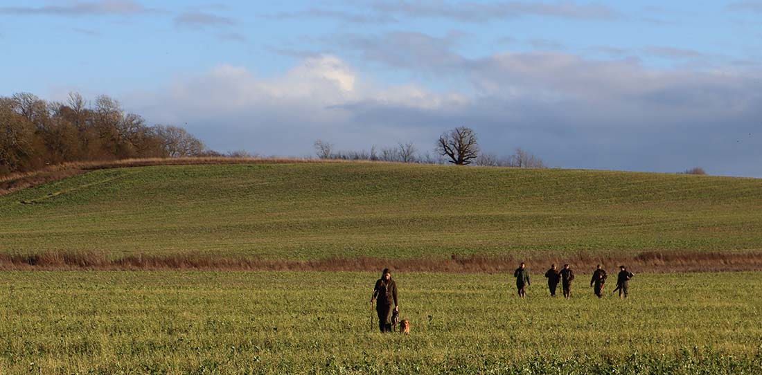 Gamekeepers and farm managers are now working closer than ever before Gamekeepers walking across the fields with a blue sky backdrop