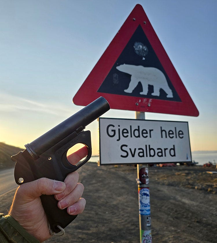 Polar Bear deterrant gun Polar Bear deterrant gun pictured near a beware polar bears sign