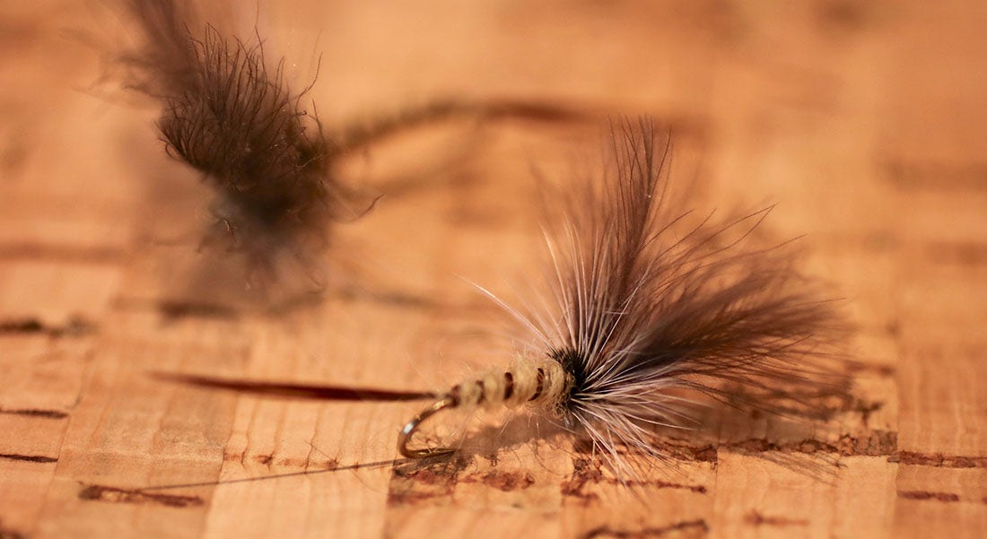Baz's Mayfly Baz's Mayfly fly pictured on a cork matt