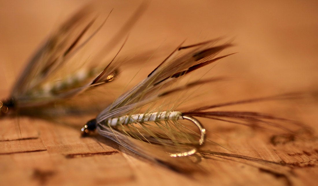 French Partridge Mayfly French Partridge Mayfly fly pictured on a cork matt
