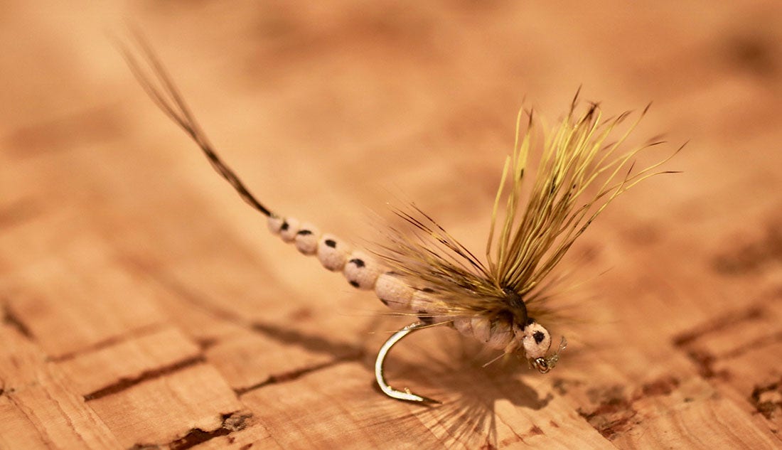 OE Mohican Mayfly OE Mohican Mayfly fly pictured on a cork matt