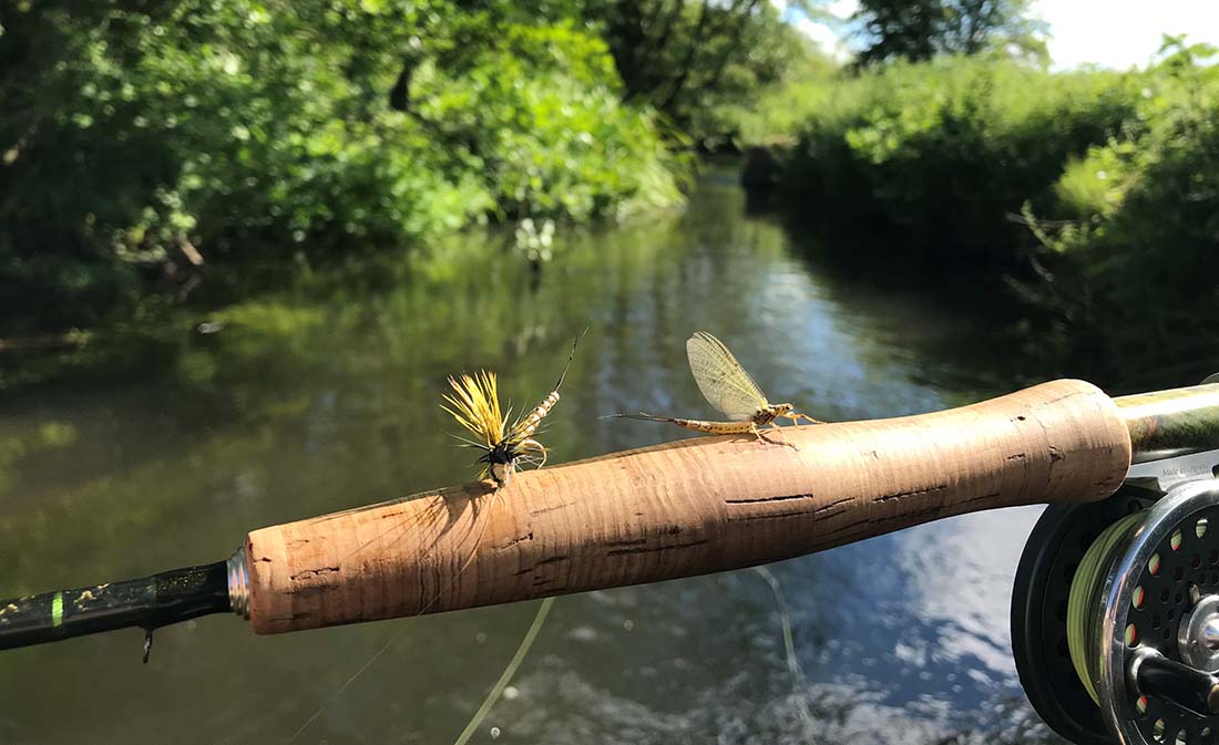 An OE Mohican Mayfly next to the real thing An OE Mohican Mayfly next to the real thing on a fly rod handle