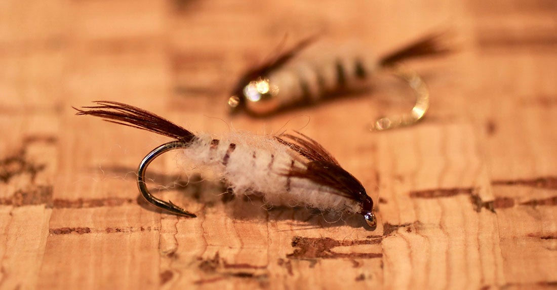Walker's Mayfly nymph Walker's Mayfly nymph fly pictured on a cork matt