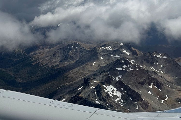 Flying into Teirra Del Fuego, tail end of the Andes Photo from plane window, looking out over the tail end of the Andes