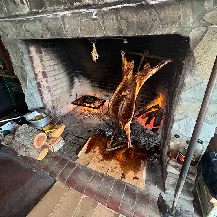 Excellent food cooked on the fire Meat being cooked on the open fire